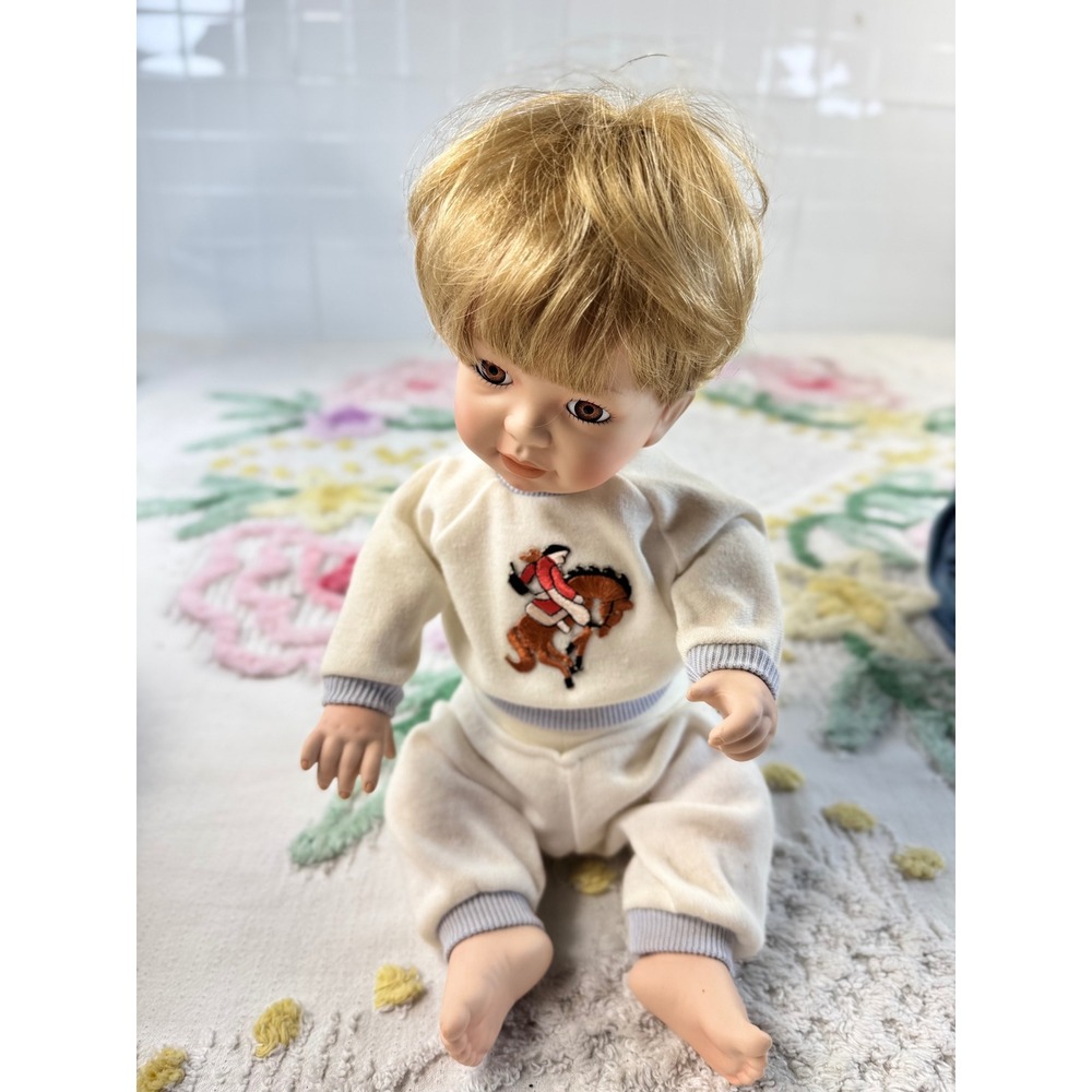 Vintage Steele Porcelain Baby Boy Doll Blonde Hair Equestrian Horse Outfit 10"